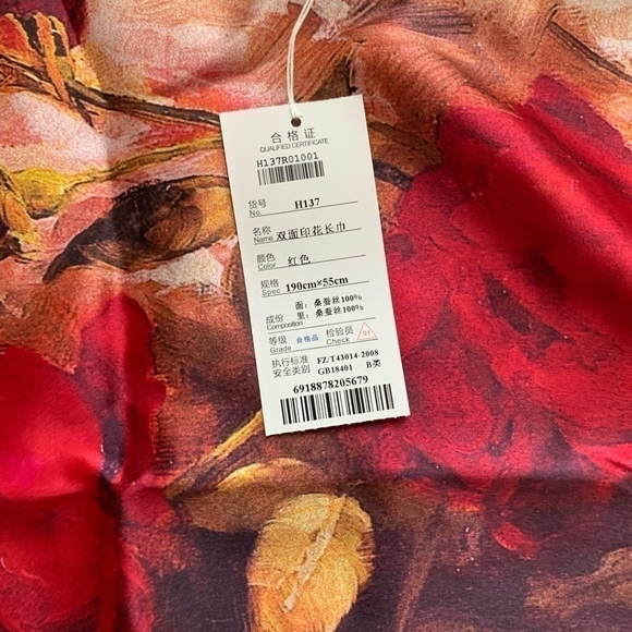ASILK Red Watercolor Floral Mulberry Silk Scarf Wrap Cover Up NWT - Picture 8 of 9